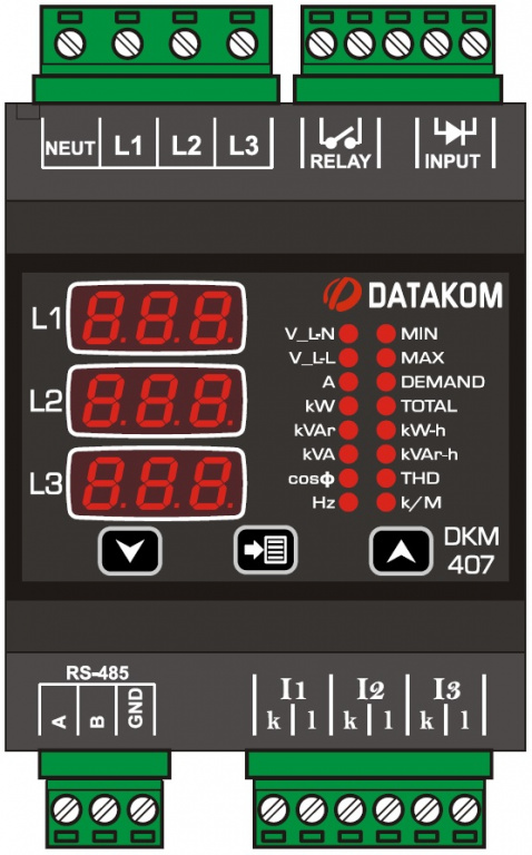 Datakom DATAKOM DKM-407 Electric network analyzer, DIN Rail, THD, RS-485, 1-input, 1-output 