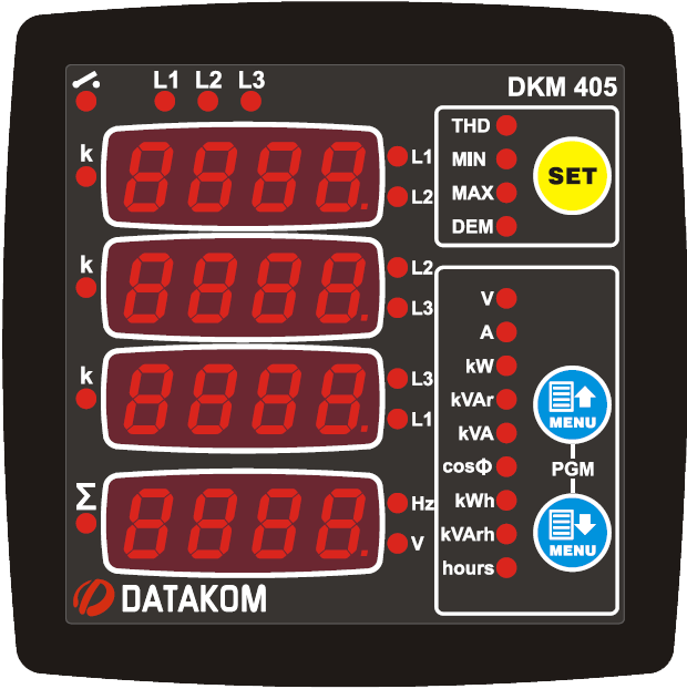 Datakom DATAKOM DKM-405 Electric network analyser, 170-275V power supply, 96x96mm, with I/O