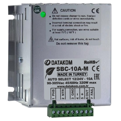 Datakom DATAKOM SBC-10A-M  12/24V Auto select, 10A, 4 Stages, 90-305 Vac Battery Charger
