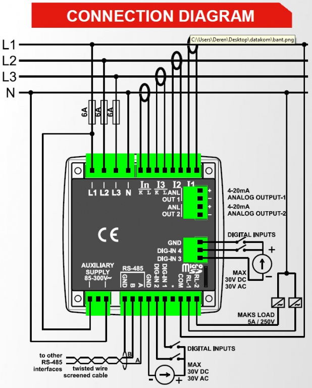 Datakom DATAKOM DKM-409-PRO Analyser, 96x96mm, 2.9” LCD, RS485, USB/Device, micro-SD, 2x4/20mA out, 4-inputs, 2-outputs (AC power supply)