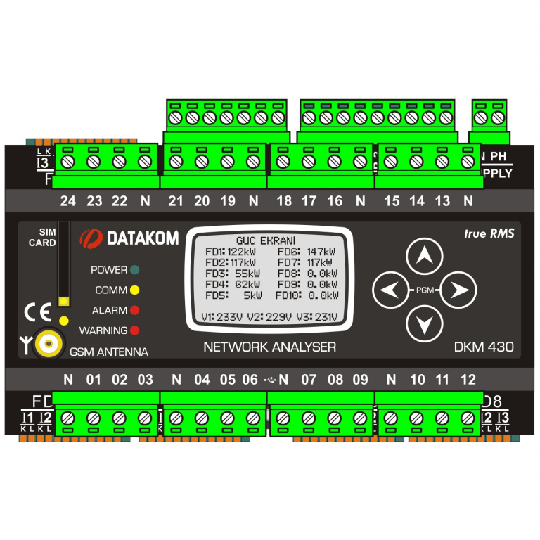 Datakom DATAKOM DKM-430-PRO+GSM. Multiple network analyser, 30 CT inp, 24 fuse inp, 1.9” LCD, RS-485, USB/Device, 2-inputs, 2-outputs, GPRS Modem, DC power supply