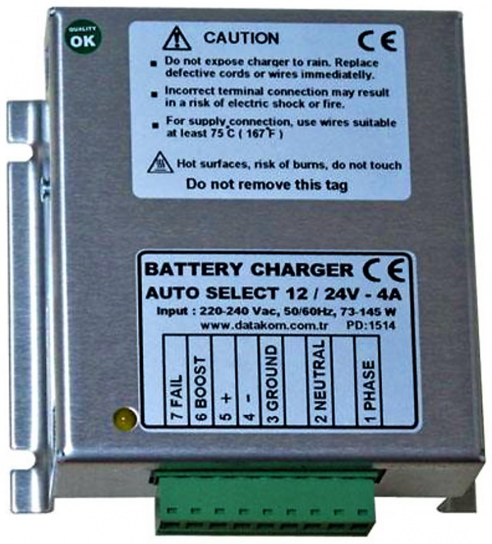 Datakom DATAKOM BC-4A Battery Charger, 4 Amp, 12/24VDC Voltage Auto Detect, 170-270 VAC