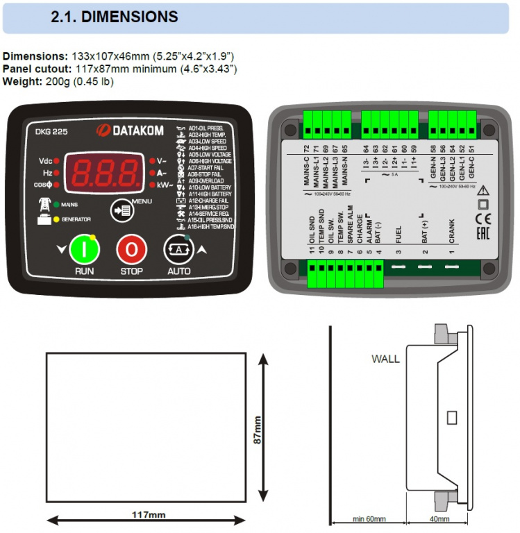 Datakom DATAKOM DKG-225 Automatic Mains Failure Controller with battery charger