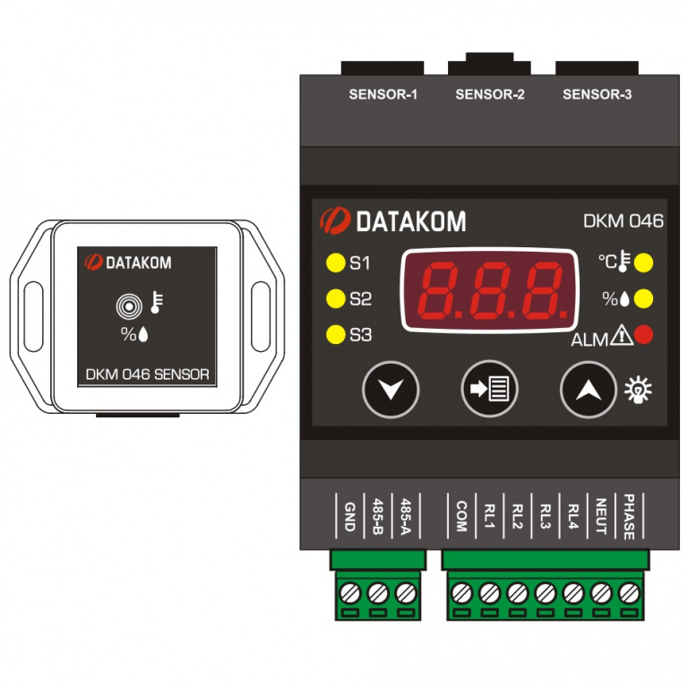 Datakom DATAKOM DKM-046 Temperature & Humidity Controller with display and relay outputs, AC power supply