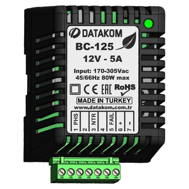 DATAKOM BC-125 (12V/5A, DIN rail) Generator Battery Charger/ Stabilized  power supply. Buy online ATS, AMF, AVR, ECM, DKG controllers for diesel,  gas, petrol gensets including manual start units and auto mains failure