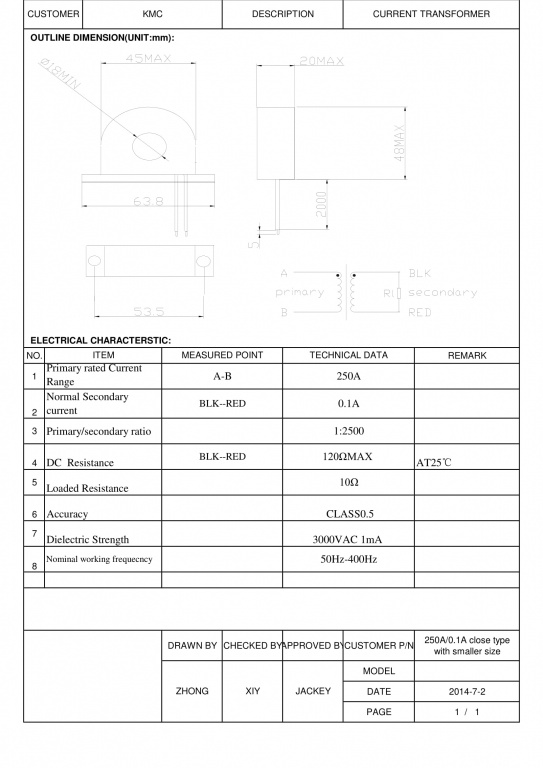 Datakom DATAKOM Current Transformer 250A/0.1A 2500turns for DKM-430, closed loop type 