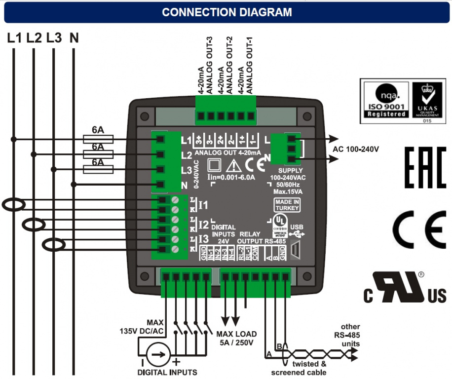 Datakom DATAKOM DKM-409-PRO-AT analyser, 96x96mm, 2.9” LCD, RS485, USB/Device, 3x4/20mA out, 4-input, 2-output, AC power supply