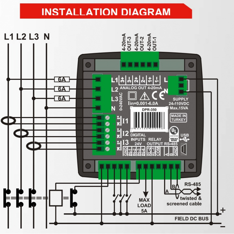 Datakom DATAKOM DPR-350 Network Analyzer with Multifunctional Protection Relay, 19-150VDC power supply