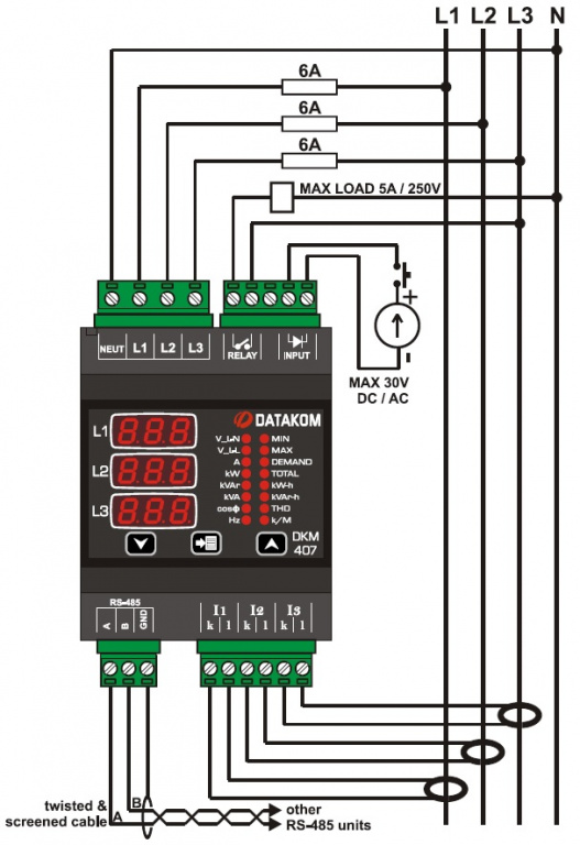 Datakom DATAKOM DKM-407 Electric network analyzer, DIN Rail, THD, RS-485, 1-input, 1-output 