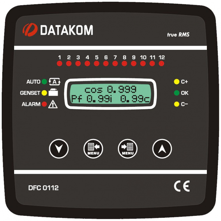 Datakom DFC-0112 PFC, 128x64 B&W disp,144x144mm,12 steps + RS485 + SVC 