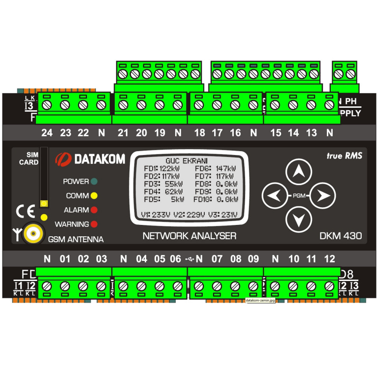 Datakom DATAKOM DKM-430-PRO multiple analyser, 30 CT inputs, 24 fuse inputs, 1.9” LCD, RS-485, USB/Device, 2-inputs, 2-outputs, AC power supply